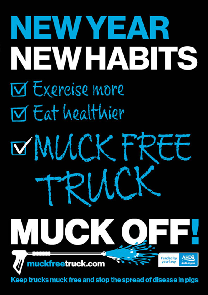 Black, blue and white Muck Free Truck poster: New year new habits.